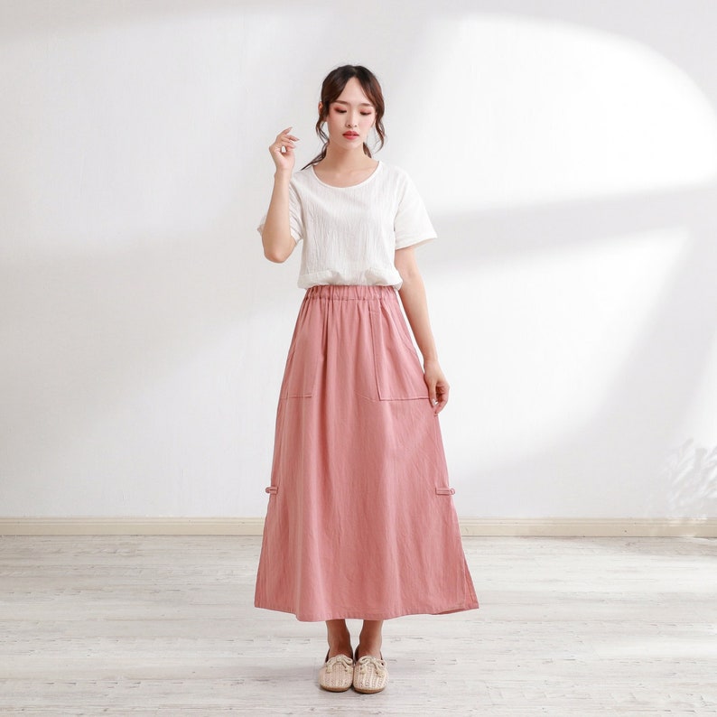 Summer Skirt Elastic Waist Skirts Cotton Skirt Casual Loose Skirts A-line Flared Maxi Skirts Customized Plus Size Skirt Boho Linen Skirt image 1