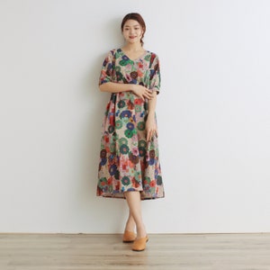 Women Floral Dress Cotton Dress Half Sleeves Dress V-neck Casual Loose Dress Tunics Printed Dress Customized Plus Size Clothing Linen Dress image 2