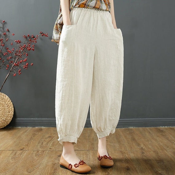 Women Elastic Waist Cotton Pants Soft 