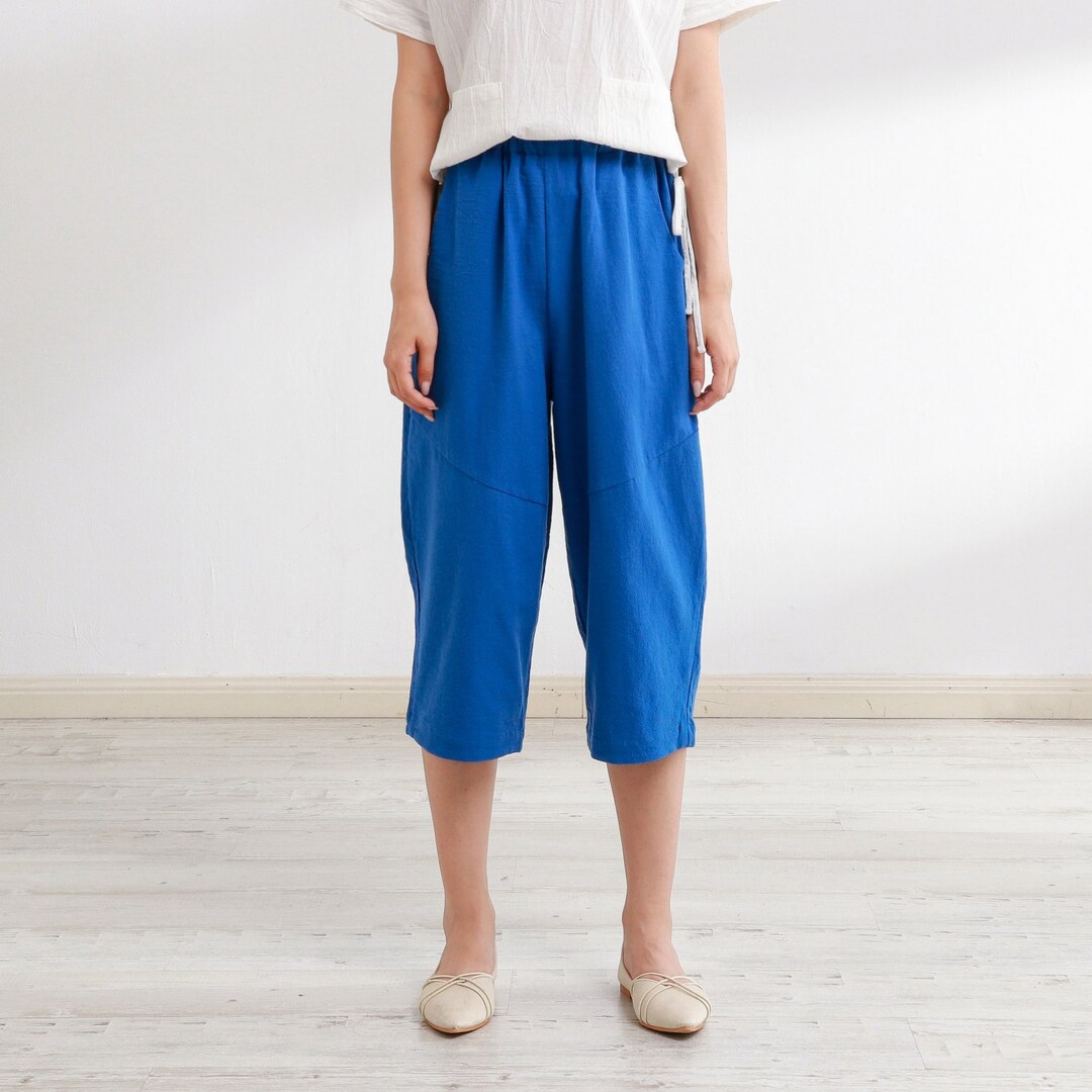 Women Capri Summer Pant Elastic Waist Cotton Cropped Pants Casual Loose Boho Trousers Wide Leg