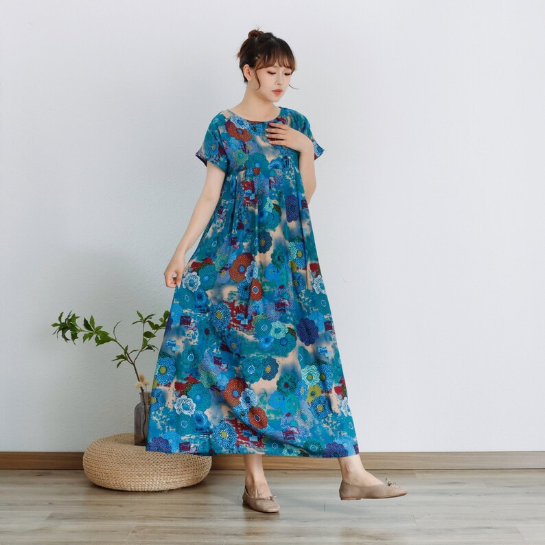 Printed Summer Dress Short Sleeves Cotton Dress Sundress Loose Floral Dress Tunics Maxi Dresses Customized Dress Plus Clothing Linen Dress image 2