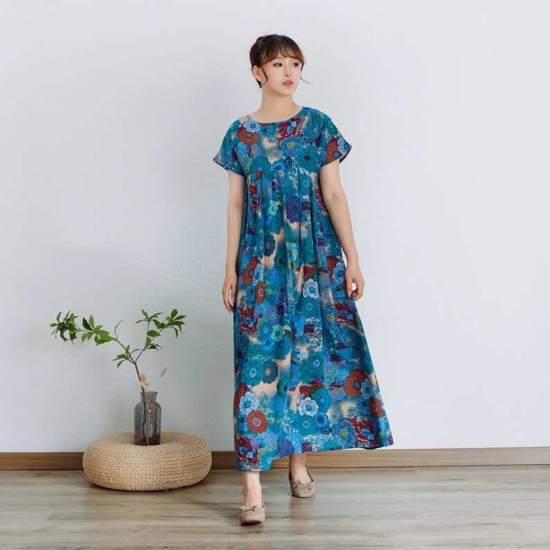 Printed Summer Dress Short Sleeves Cotton Dress Sundress Loose Floral Dress Tunics Maxi Dresses Customized Dress Plus Clothing Linen Dress image 5