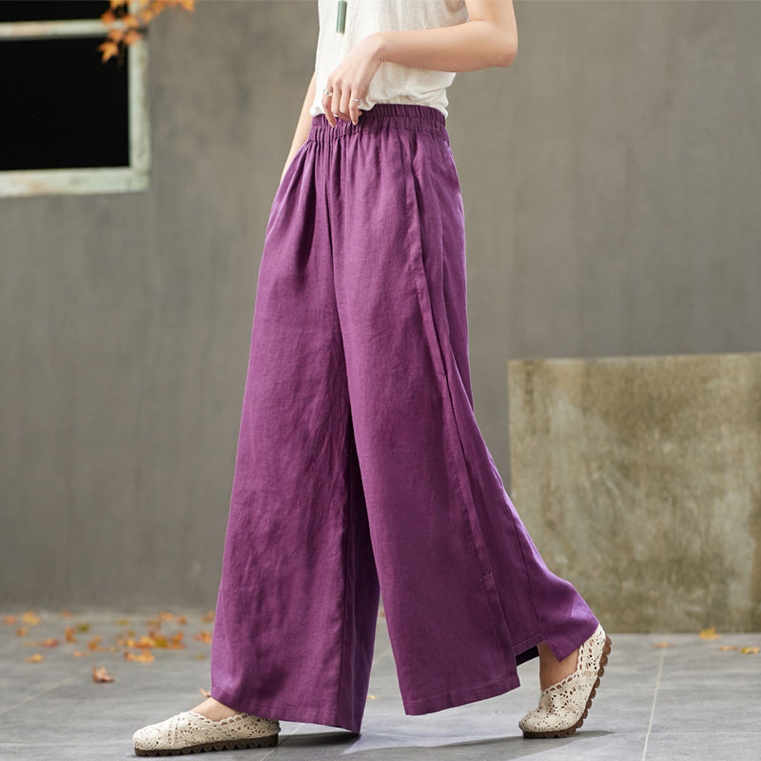 Women Elastic Waist Cotton Pants Soft Casual Loose Large Size Boho ...