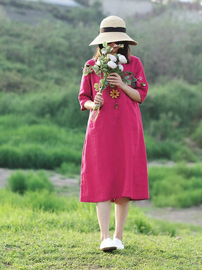 Sommer Halbe Ärmel Kleid Weiches Beiläufiges Loses Kleid Tunikas Baumwolle Roben Midi Kleider Maßgeschneiderte Kleid Plus Größe Kleidung Leinen Kleid Bild 2