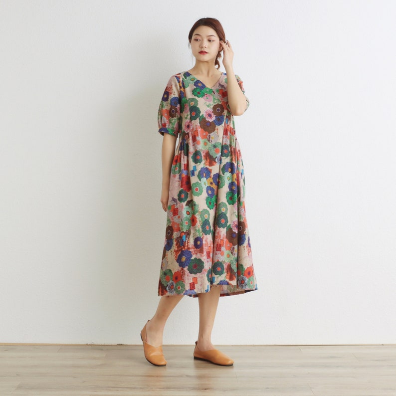 Women Floral Dress Cotton Dress Half Sleeves Dress V-neck Casual Loose Dress Tunics Printed Dress Customized Plus Size Clothing Linen Dress image 5