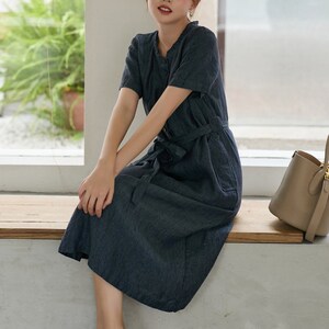 Summer Short Sleeves Dress Shirt Casual Loose Dress Tunics Cotton Robes Midi Dresses Customized Dress Plus Size Clothing Linen Dress 画像 3