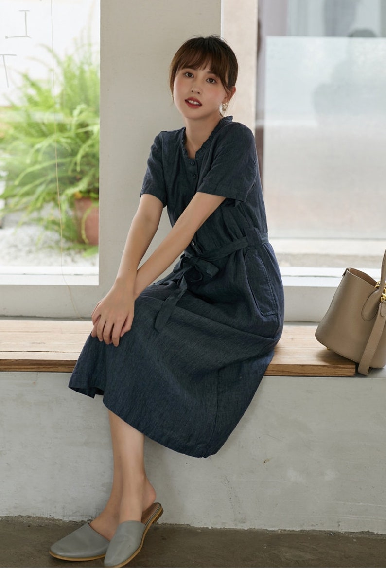 Summer Short Sleeves Dress Shirt Casual Loose Dress Tunics Cotton Robes Midi Dresses Customized Dress Plus Size Clothing Linen Dress 画像 3