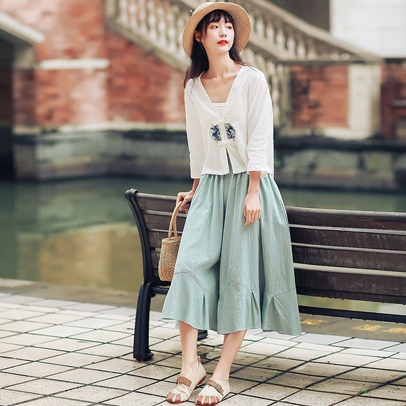Summer Elastic Waist Cotton Cropped Skirt Pants Soft Casual Loose