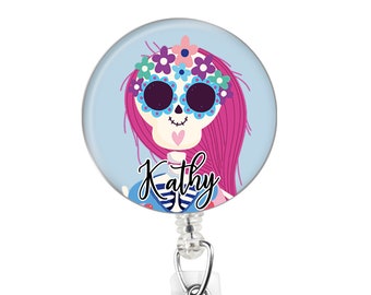 Sugar Skull Badge Reel, Dia de los Muertos Medical Badge