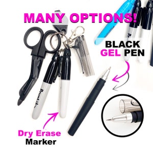 May include: An assortment of writing instruments and accessories, including black markers, a black gel pen, and a pair of black scissors. The image also features a keychain with a small, clear container and a small, black tool. Text reads "MANY OPTIONS!" and "Dry Erase Marker".