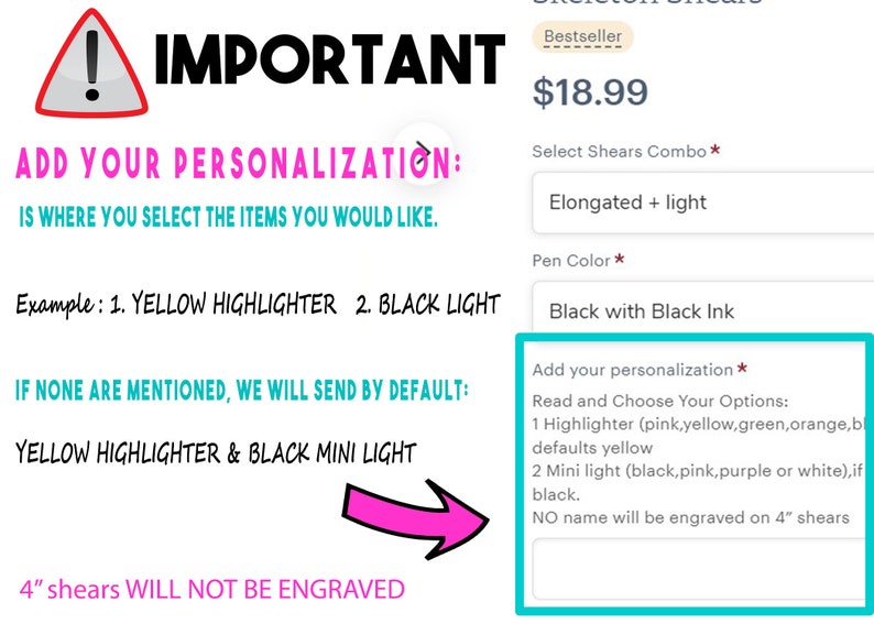 May include: Image with text: "IMPORTANT" and "ADD YOUR PERSONALIZATION". Includes options for a highlighter and mini light. The text also states that 4" shears will not be engraved.