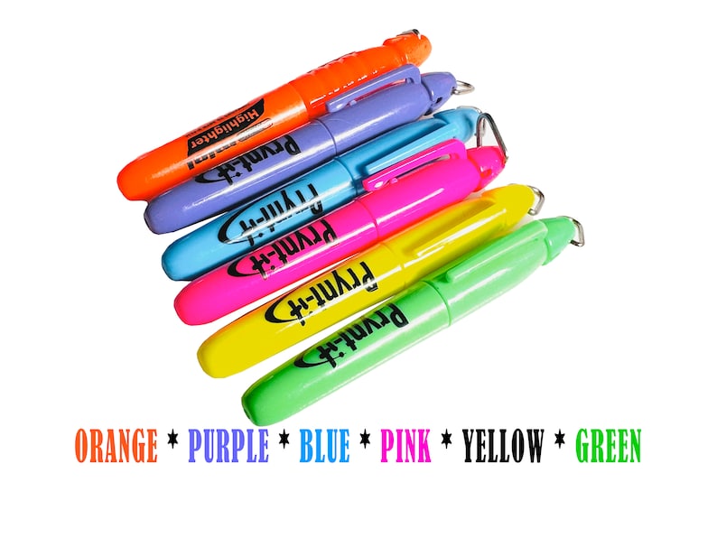 May include: An assortment of six colorful highlighters in orange, purple, blue, pink, yellow, and green. Each highlighter has the text "Prynt-it" printed on the barrel. The orange highlighter is labeled "Highlighter".