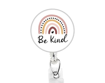 Be kind boho rainbow badge reel, rainbow with heart