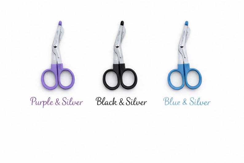 May include: Three silver and colored medical shears with curved blades. The shears are available in purple, black, and blue, each with silver accents. Text below each shear reads "Purple & Silver", "Black & Silver", and "Blue & Silver".