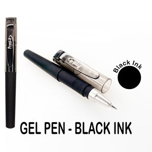 May include: Black gel pen with a transparent cap and the text "Prynt+". The pen is shown with the cap on and off, along with a black ink circle. The words "GEL PEN - BLACK INK" are also displayed.