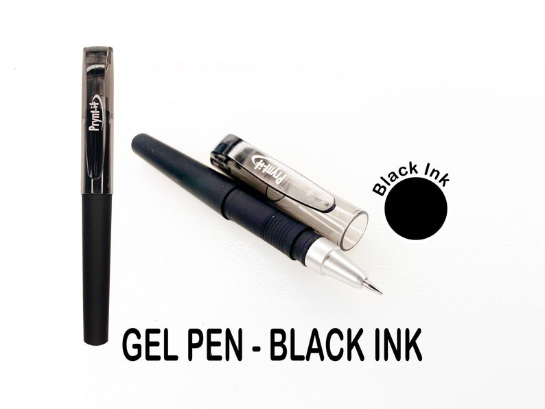 May include: Black gel pen with a transparent cap and the text "Prynt+". The pen is shown with the cap on and off, along with a black ink circle. The words "GEL PEN - BLACK INK" are also displayed.