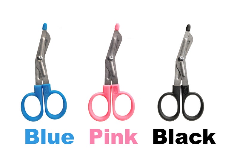 May include: Three medical shears in blue, pink, and black. Each shear has a silver blade and a colored handle. The text "Blue", "Pink", and "Black" is below each shear.