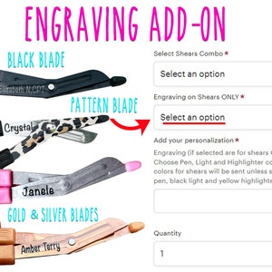 May include: Image of shears with engraved blades. The shears come in various colors, including black, pink, and gold. The blades are engraved with names and patterns. Text on the image reads "ENGRAVING ADD-ON" and options for customization.