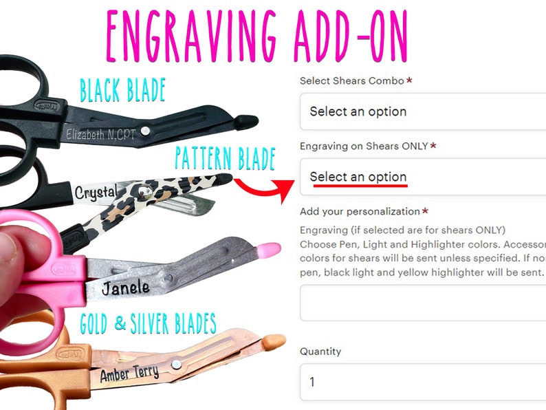 May include: Image of shears with engraved blades. The shears come in various colors, including black, pink, and gold. The blades are engraved with names and patterns. Text on the image reads "ENGRAVING ADD-ON" and options for customization.