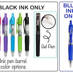 May include: A collection of ink pens with various barrel colors, including pink, purple, blue, green, and black. The image also features a black gel pen and a blue ink pen. Text on the image reads "BLACK INK ONLY", "BLUE INK ONLY", and "Ink pen barrel color options."