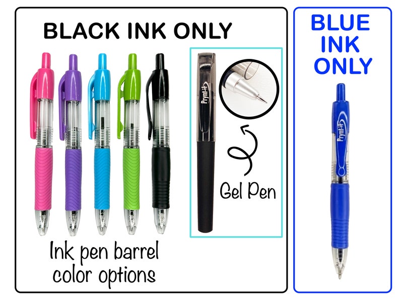 May include: A collection of ink pens with various barrel colors, including pink, purple, blue, green, and black. The image also features a black gel pen and a blue ink pen. Text on the image reads "BLACK INK ONLY", "BLUE INK ONLY", and "Ink pen barrel color options."
