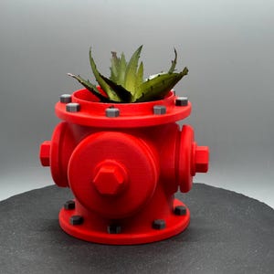 May include: A red fire hydrant-shaped planter with a green succulent plant inside. The planter has a hexagonal nut on the front and is decorated with silver-colored bolts.