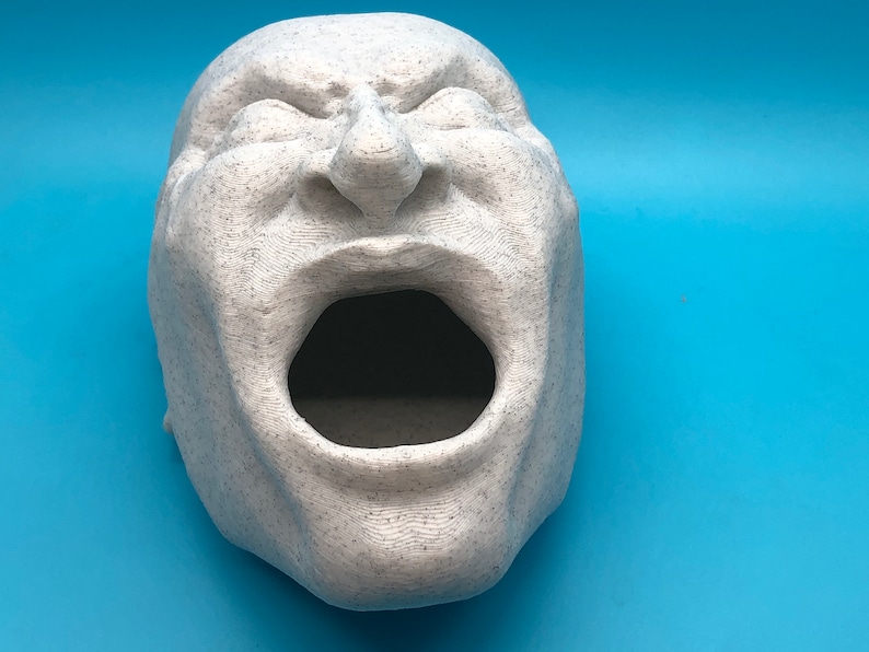 May include: A white, textured, 3D printed sculpture of a face with an open mouth. The sculpture is a realistic depiction of a person screaming.