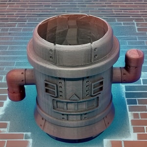 May include: A cylindrical, steampunk-style container with a wide opening, featuring riveted details and two red pipe-like arms. The container has a face-like design on the front. The color is a mix of gray and brown.
