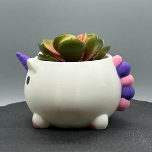 May include: White ceramic unicorn planter with a purple horn and pink and purple tail. The planter is filled with a green succulent plant.