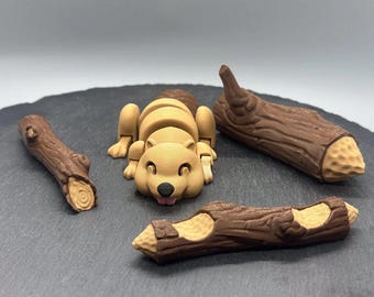 Przegubowa zabawka Fidget w kształcie bobra z kłodami, elastyczna kieszonkowa zabawka, sensoryczna zabawka na biurko drukowana w 3D, prezent dla miłośnika bobrów, kawaii zwierzątko, łagodzenie stresu