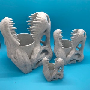 May include: Three white dinosaur skull planters, the largest is open-mouthed with a smaller skull planter inside, the smallest is a separate planter.