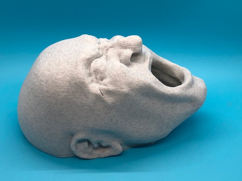 May include: A white, 3D printed sculpture of a face with an open mouth, as if screaming. The sculpture is textured and has a rough surface.