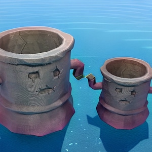 May include: Two whimsical, cartoon-like planters with a textured, gray-brown exterior and a purple base. They have arms and faces with cut-out details. The background is a blue water surface.