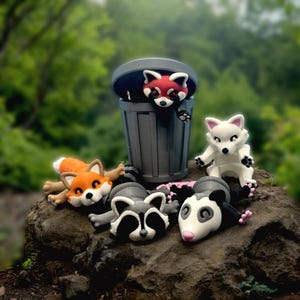 Large Raccoon (Regular or Pink), Red Panda, Fox, or Possum with Trash Can, Trash Panda, Articulating, Adorable Raccoon, Fidget Friends