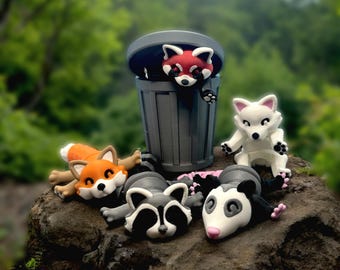 Large Raccoon (Regular or Pink), Red Panda, Fox, or Possum with Trash Can, Trash Panda, Articulating, Adorable Raccoon, Fidget Friends