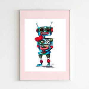 May include: A blue robot with red eyes and a red flower holds a red pot with a green plant. The robot has a clock on its chest and a few other details.
