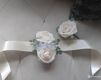 Silk wrist corsage, ivory roses, and 1 ivory rose Boutonierre, weddings, proms, mother's, dads ,wedding flowers