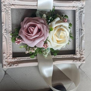 Silk wrist corsage,Real Touch Pink Rose and Ivory rose wrist corsage, weddings, bride,real touch roses,proms, mother's,bridesmaids image 2