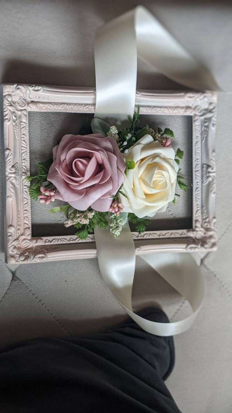 Silk wrist corsage,Real Touch Pink Rose and Ivory rose wrist corsage, weddings, bride,real touch roses,proms, mother's,bridesmaids image 2