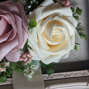 Silk wrist corsage,Real Touch Pink Rose and Ivory rose wrist corsage, weddings, bride,real touch roses,proms, mother's,bridesmaids image 4