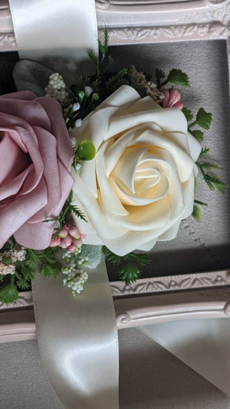 Silk wrist corsage,Real Touch Pink Rose and Ivory rose wrist corsage, weddings, bride,real touch roses,proms, mother's,bridesmaids image 4