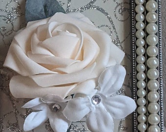 Boutonierre, rose with stephanotis, real touch roses ,Ivory  Rose , wedding flowers, grooms boutonierre,groomsmen