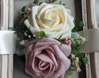 Silk  wrist corsage,Real Touch Pink Rose and Ivory rose wrist corsage, weddings, bride,real touch roses,proms, mother's,bridesmaids