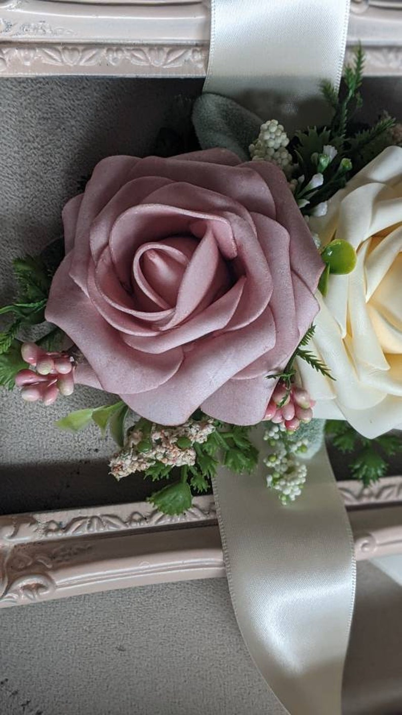 Silk wrist corsage,Real Touch Pink Rose and Ivory rose wrist corsage, weddings, bride,real touch roses,proms, mother's,bridesmaids image 5