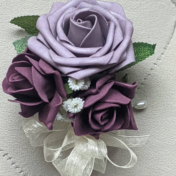 Corsage, silk pin on corsage, lavender and plum rose pin on  corsage, weddings, bride,real touch roses, mother's,bridesmaids