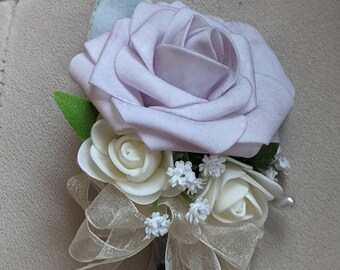 Silk pin on corsage, lavender and white roses, pin on  corsage, weddings, bride,real touch roses, mother's,bridesmaids