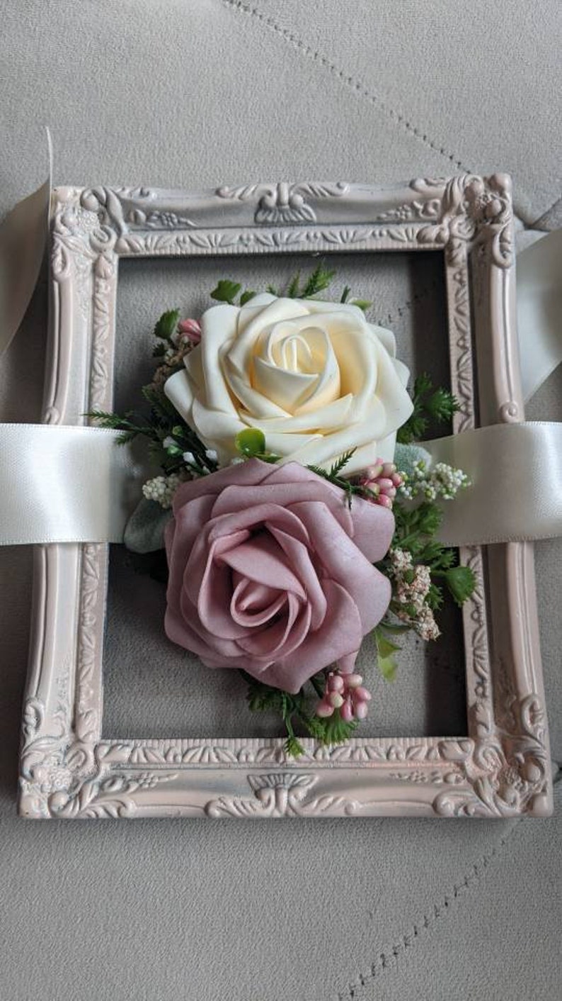 Silk wrist corsage,Real Touch Pink Rose and Ivory rose wrist corsage, weddings, bride,real touch roses,proms, mother's,bridesmaids image 3