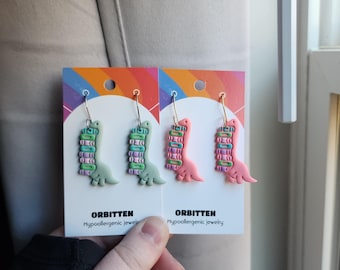 Brontosaurus Book Earrings | Green Dinosaur Librarian Gift
