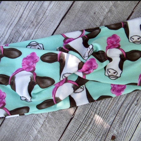 Mint Cow with Pink bow Twist Headband