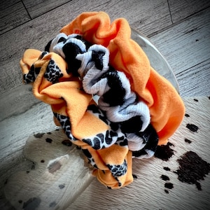 MINIATURE Orange Cow Print Lightening Bolt Scrunchie Bundle